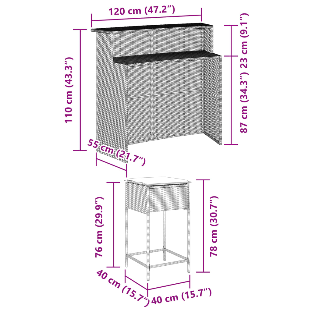 3-tlg. Gartenbar-Set mit Kissen Grau Poly Rattan