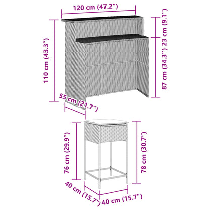 3-tlg. Gartenbar-Set mit Kissen Grau Poly Rattan