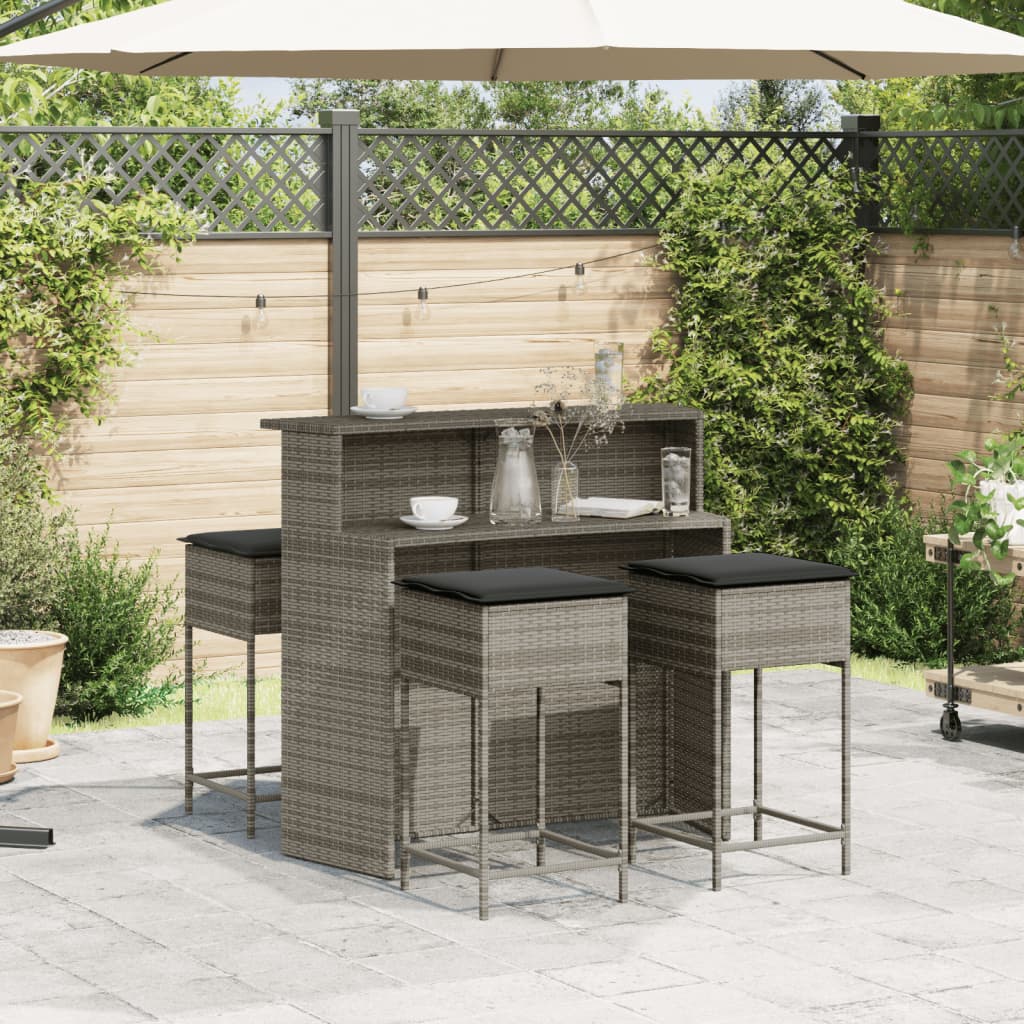 5-tlg. Gartenbar-Set mit Kissen Grau Poly Rattan