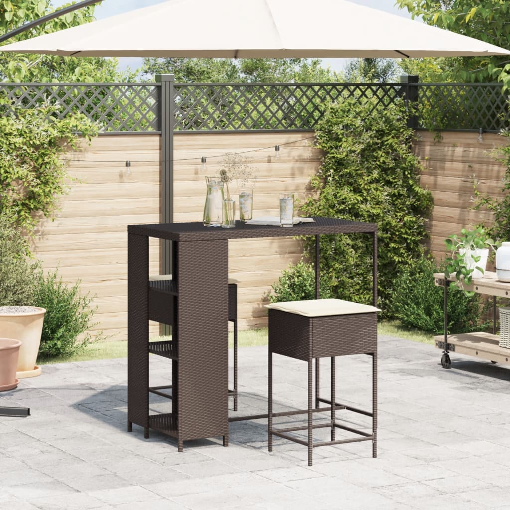 3-tlg. Gartenbar-Set mit Kissen Braun Poly Rattan