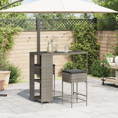 3-tlg. Gartenbar-Set mit Kissen Grau Poly Rattan