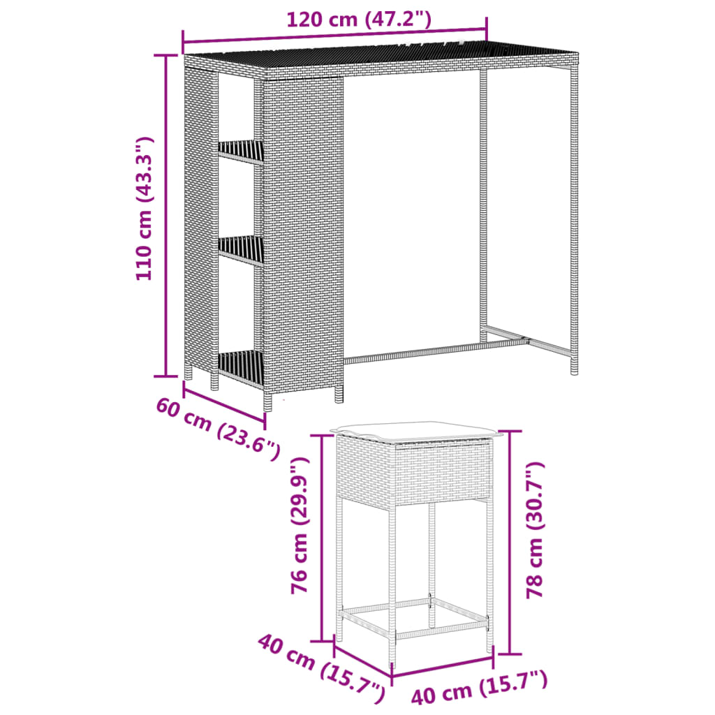 5-tlg. Gartenbar-Set mit Kissen Grau Poly Rattan