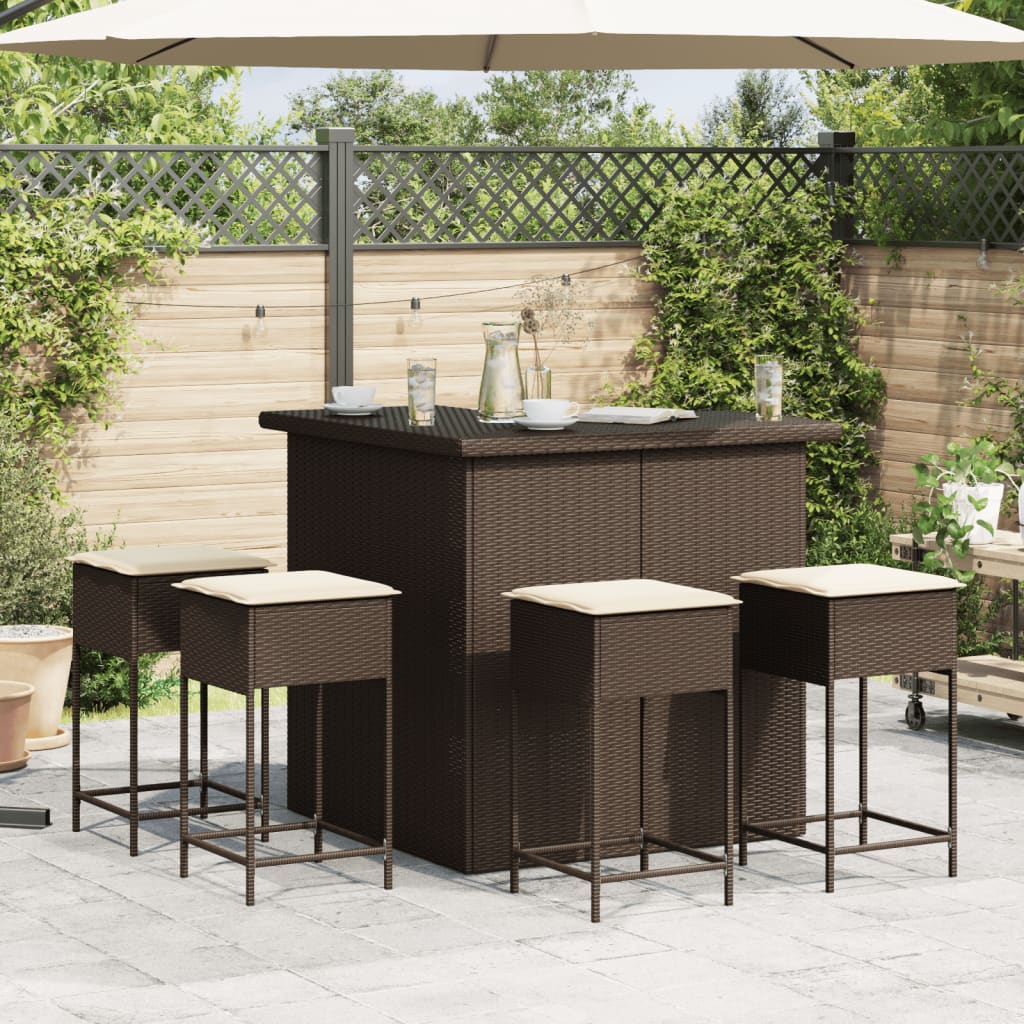 5-tlg. Gartenbar-Set mit Kissen Braun Poly Rattan