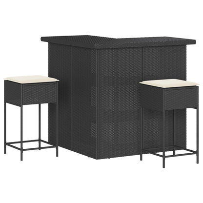 3-tlg. Gartenbar-Set mit Kissen Schwarz Poly Rattan