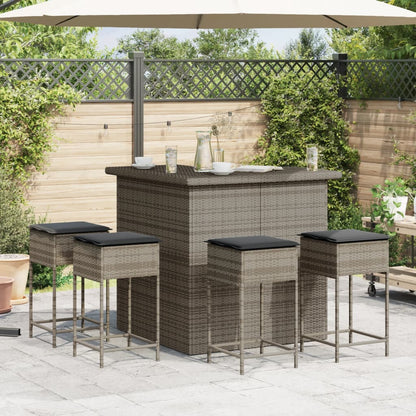 3-tlg. Gartenbar-Set mit Kissen Grau Poly Rattan