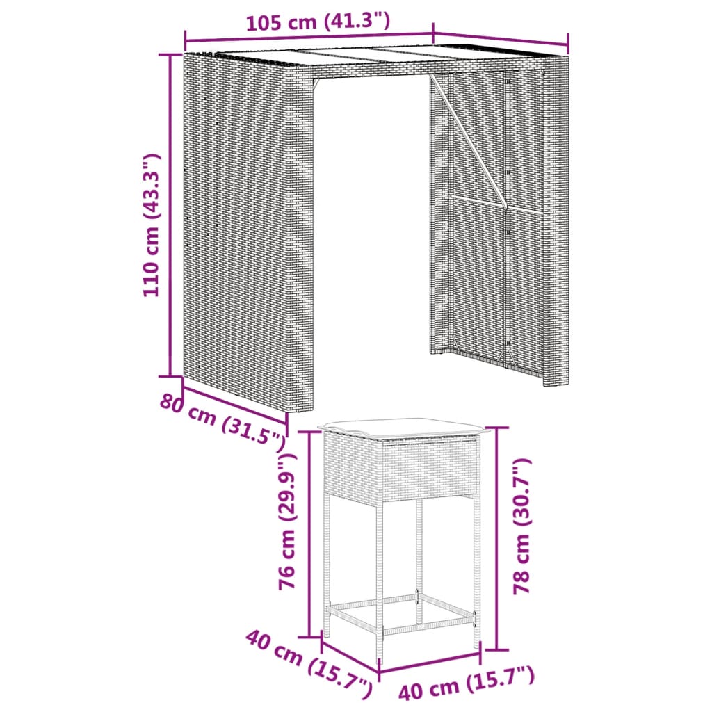 5-tlg. Gartenbar-Set mit Kissen Braun Poly Rattan