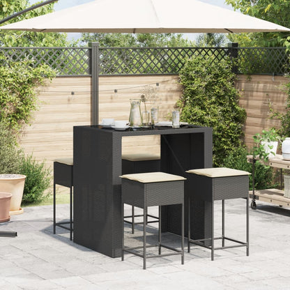 5-tlg. Gartenbar-Set mit Kissen Schwarz Poly Rattan