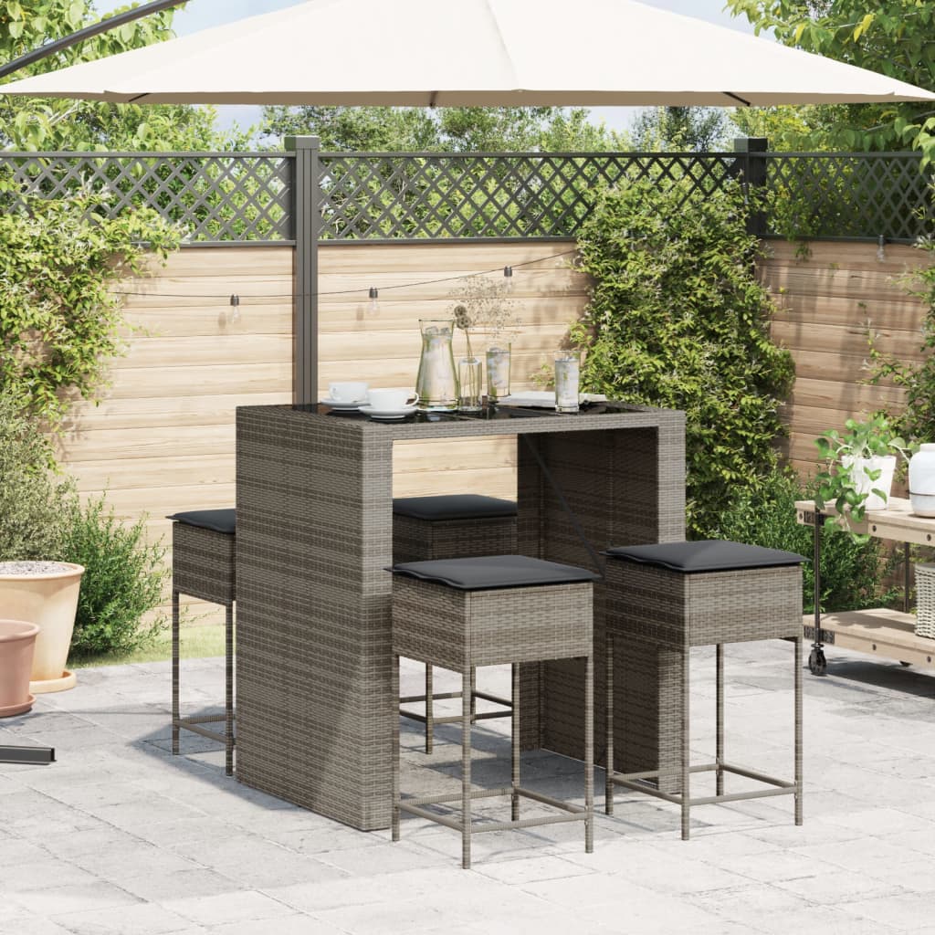 5-tlg. Gartenbar-Set mit Kissen Grau Poly Rattan