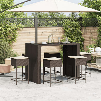 7-tlg. Gartenbar-Set mit Kissen Braun Poly Rattan