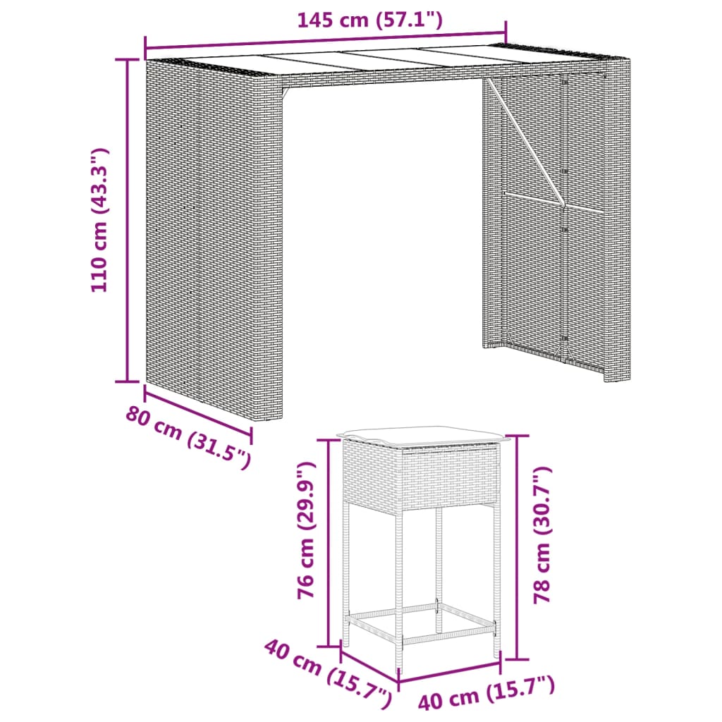 7-tlg. Gartenbar-Set mit Kissen Braun Poly Rattan