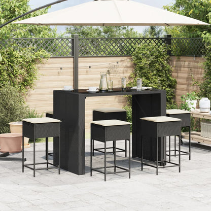 7-tlg. Gartenbar-Set mit Kissen Schwarz Poly Rattan