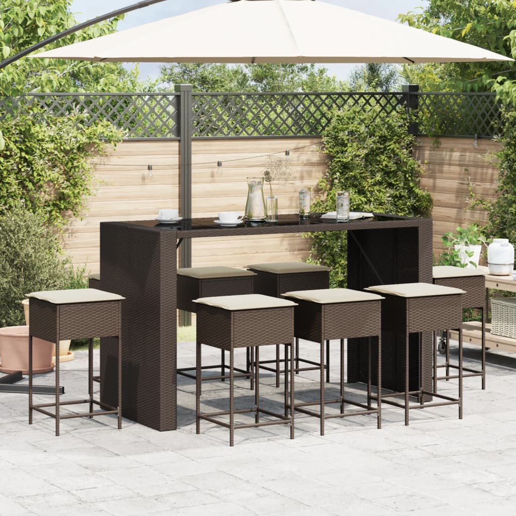 9-tlg. Gartenbar-Set mit Kissen Braun Poly Rattan