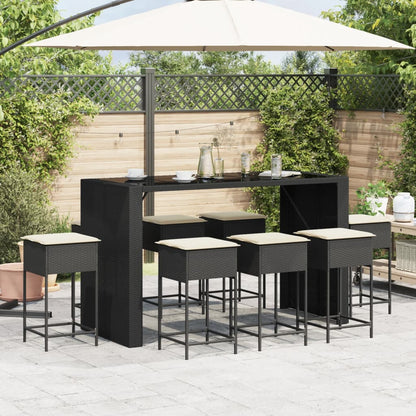 9-tlg. Gartenbar-Set mit Kissen Schwarz Poly Rattan