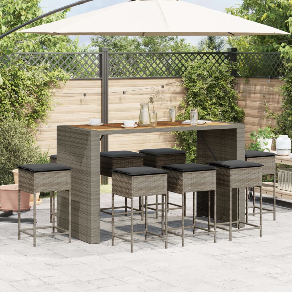 9-tlg. Gartenbar-Set mit Kissen Grau Poly Rattan