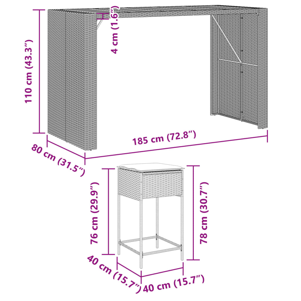 9-tlg. Gartenbar-Set mit Kissen Grau Poly Rattan