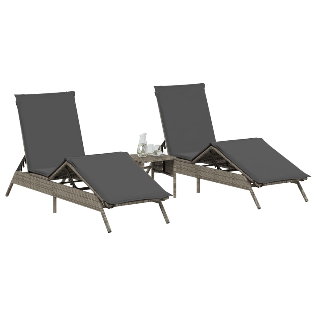 Sonnenliegen mit Auflagen 2 Stk. Grau Poly Rattan