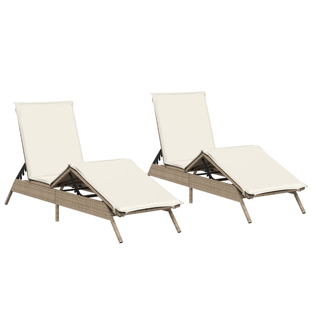 Sonnenliegen mit Auflagen 2 Stk. Beige Poly Rattan