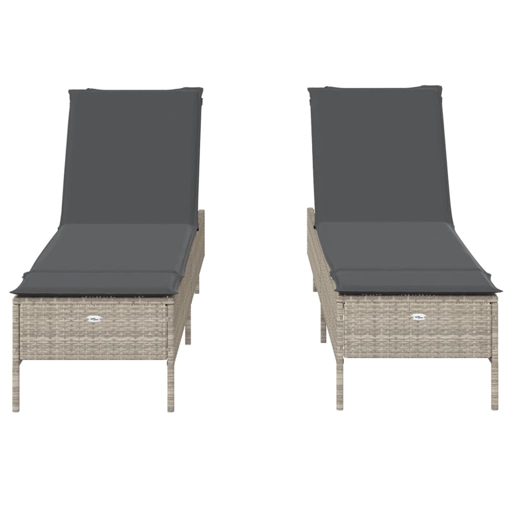 Sonnenliegen mit Auflagen 2 Stk. Hellgrau Poly Rattan