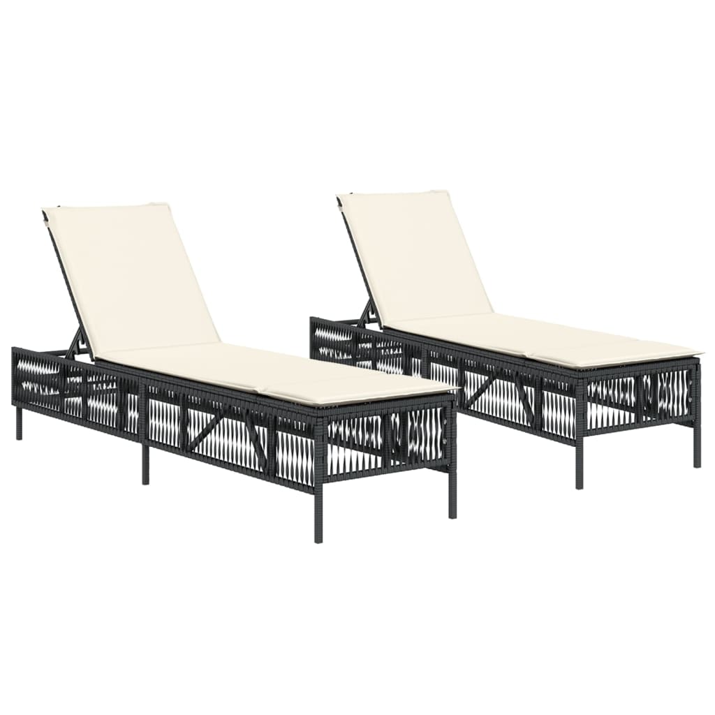 Sonnenliegen mit Auflagen 2 Stk. Schwarz Poly Rattan