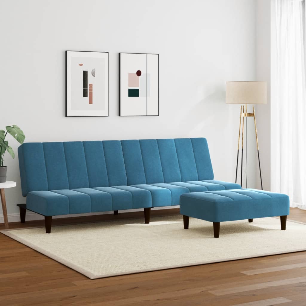 Schlafsofa 2-Sitzer mit Fußhocker Blau Samt