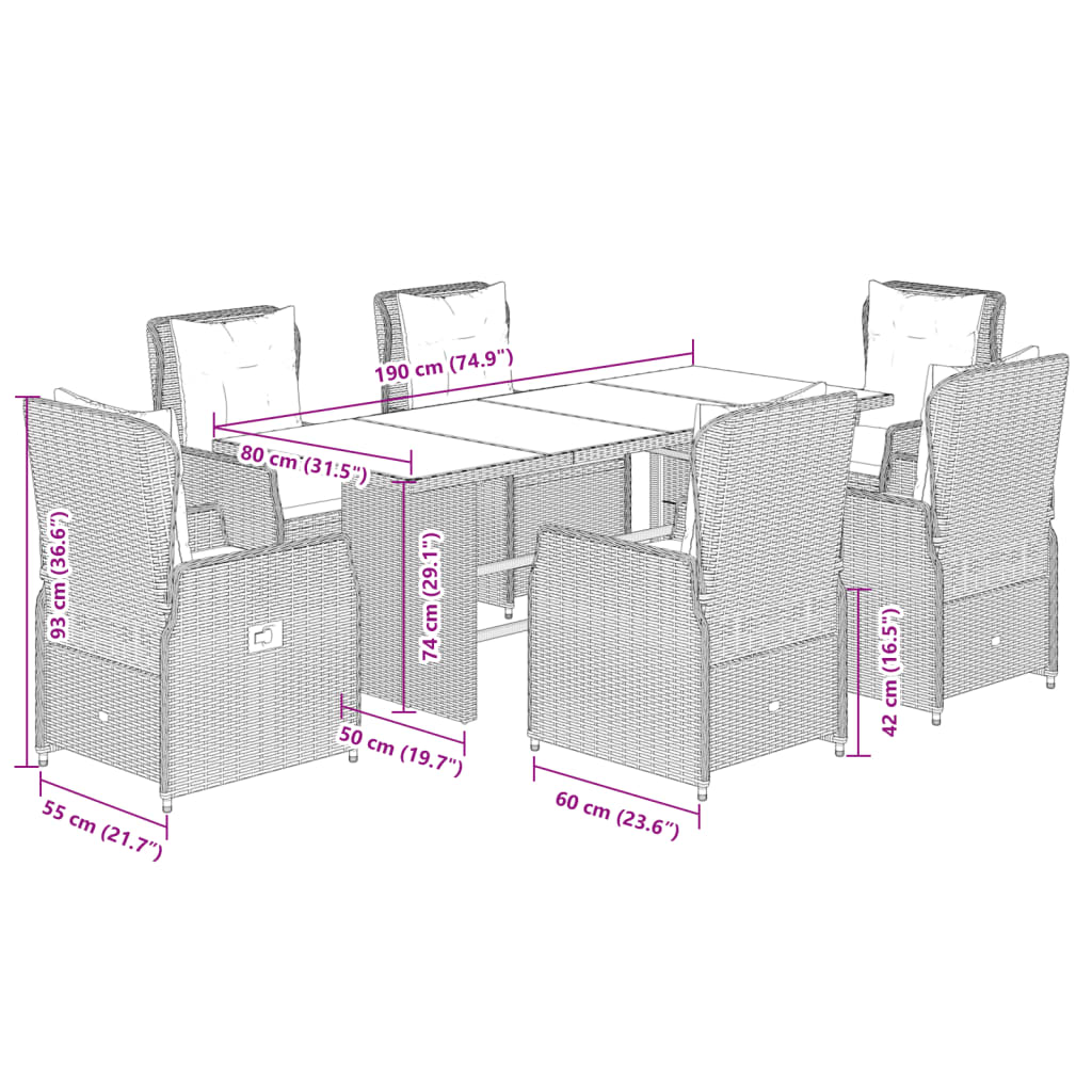 7-tlg. Garten-Essgruppe mit Kissen Braun Poly Rattan