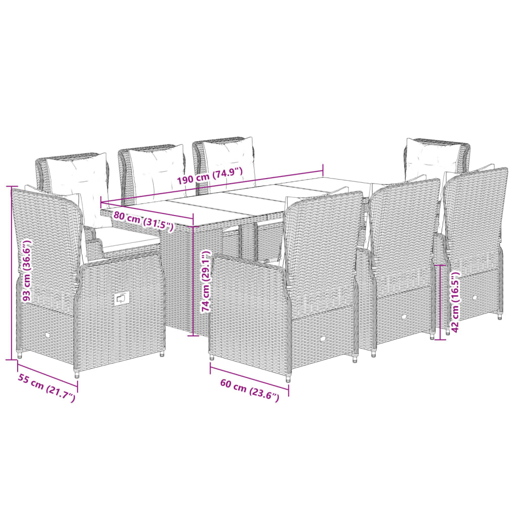 9-tlg. Garten-Essgruppe mit Kissen Braun Poly Rattan