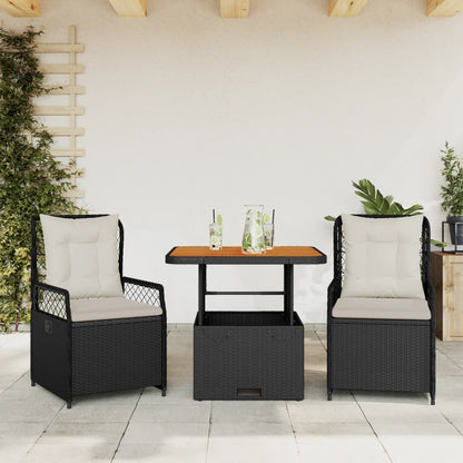 3-tlg. Garten-Essgruppe mit Kissen Schwarz Poly Rattan