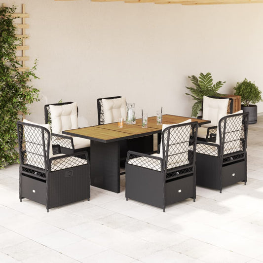 7-tlg. Garten-Essgruppe mit Kissen Schwarz Poly Rattan