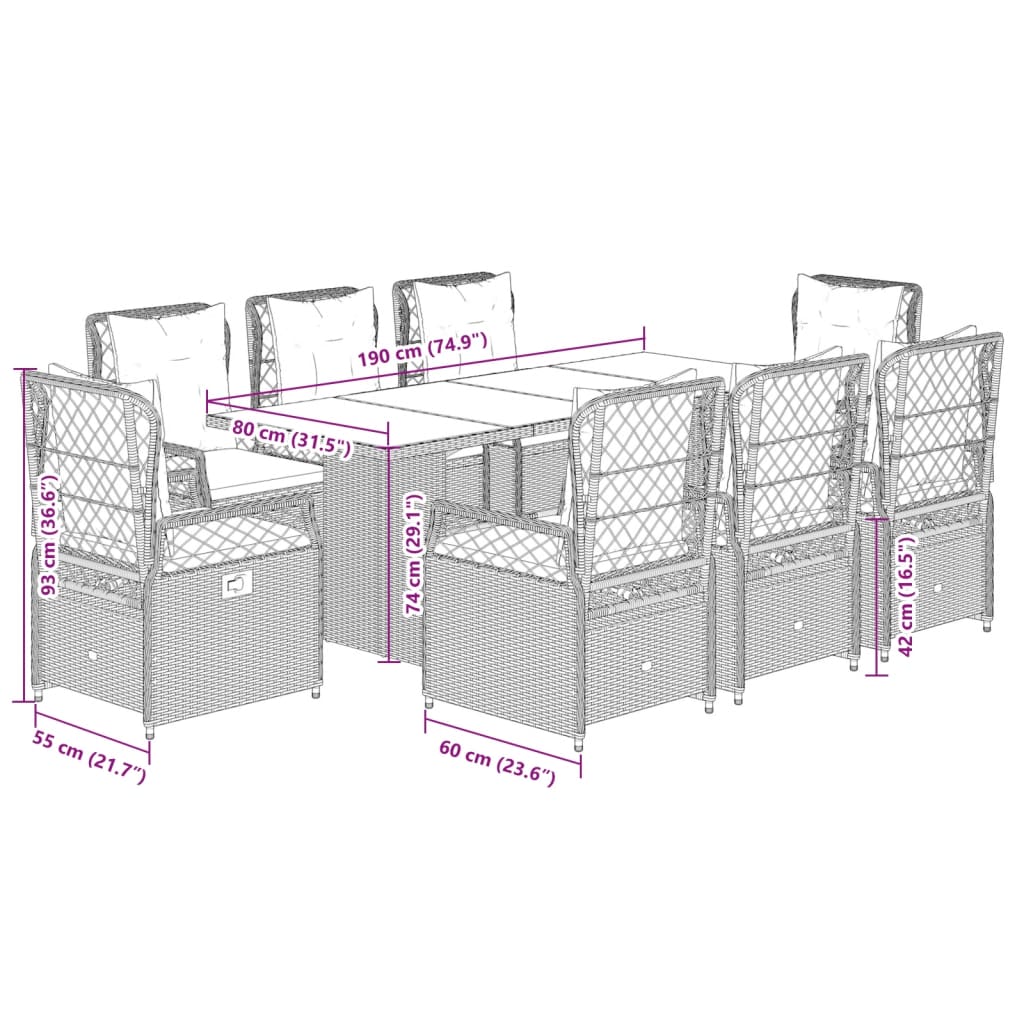 9-tlg. Garten-Essgruppe mit Kissen Braun Poly Rattan