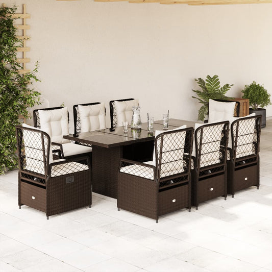 9-tlg. Garten-Essgruppe mit Kissen Braun Poly Rattan