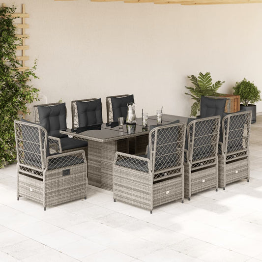 9-tlg. Garten-Essgruppe mit Kissen Grau Poly Rattan