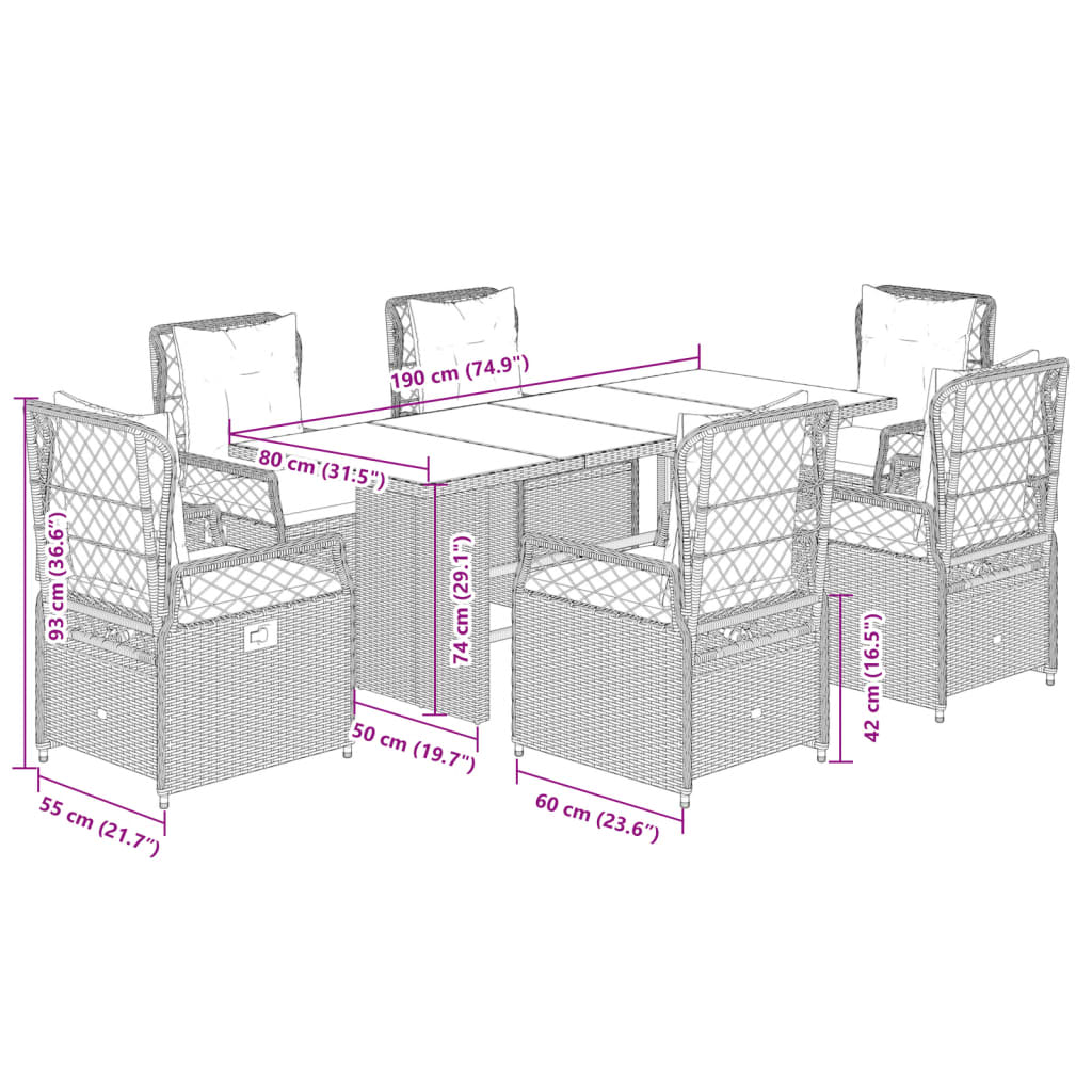 7-tlg. Garten-Essgruppe mit Kissen Grau Poly Rattan