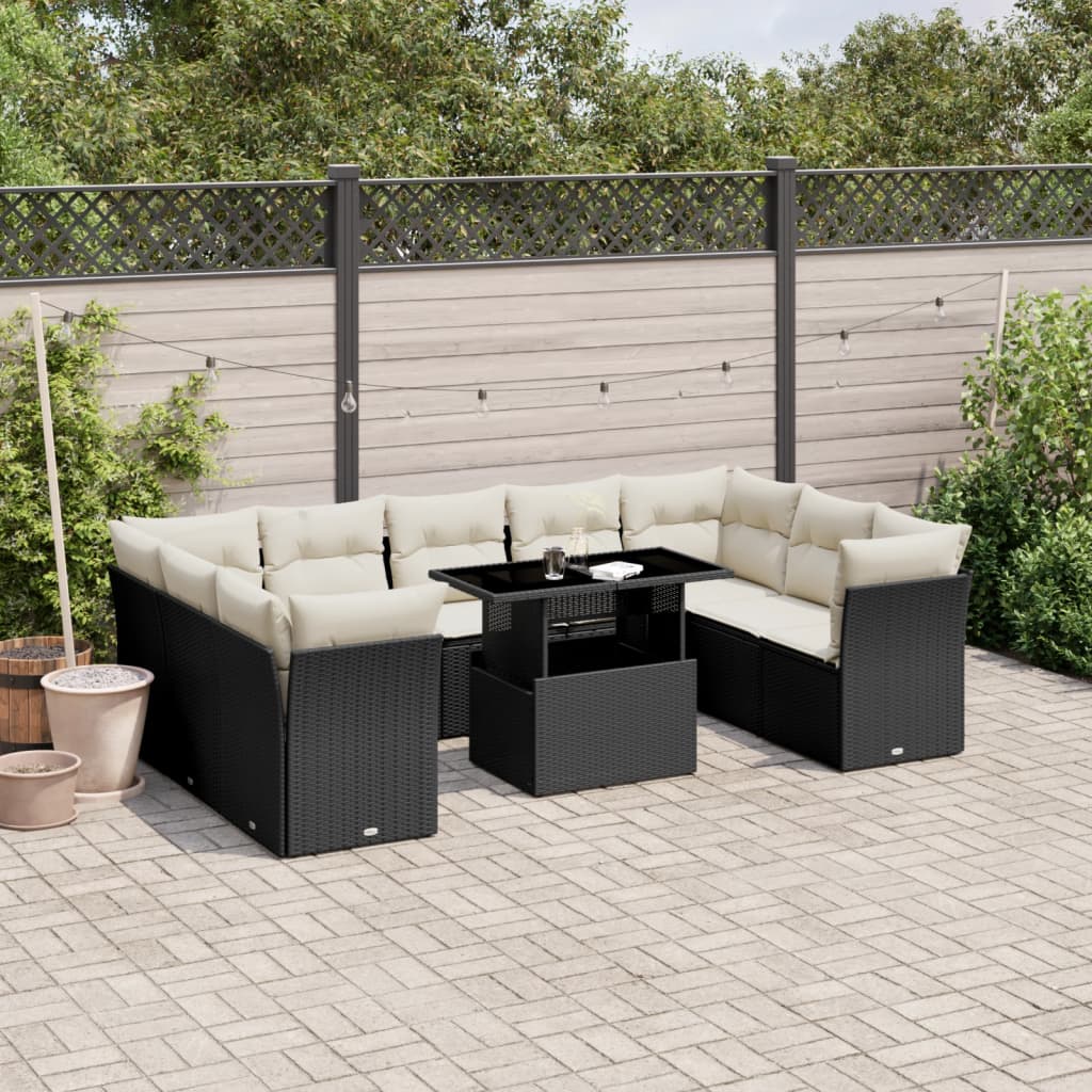 10-tlg. Garten-Sofagarnitur mit Kissen Schwarz Poly Rattan