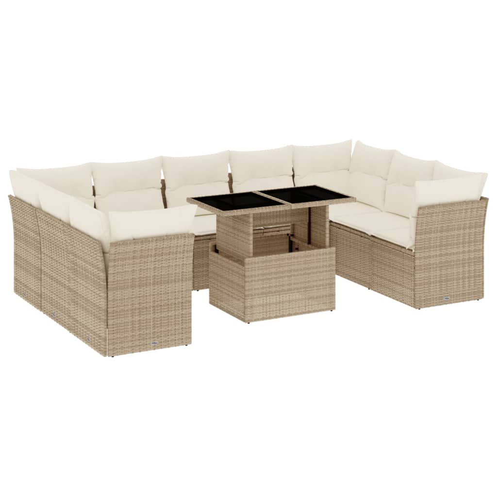 10-tlg. Garten-Sofagarnitur mit Kissen Beige Poly Rattan