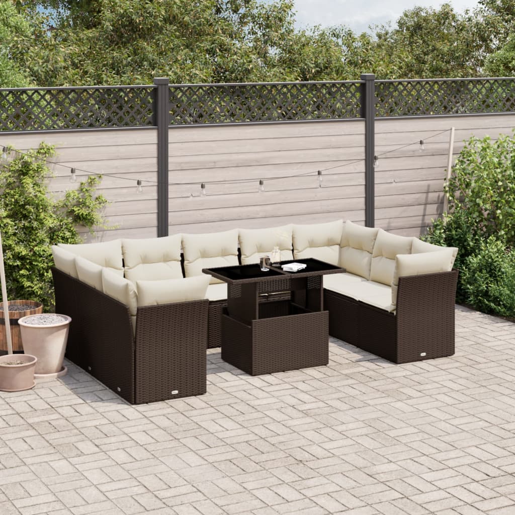 10-tlg. Garten-Sofagarnitur mit Kissen Braun Poly Rattan