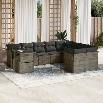 10-tlg. Garten-Sofagarnitur mit Kissen Grau Poly Rattan