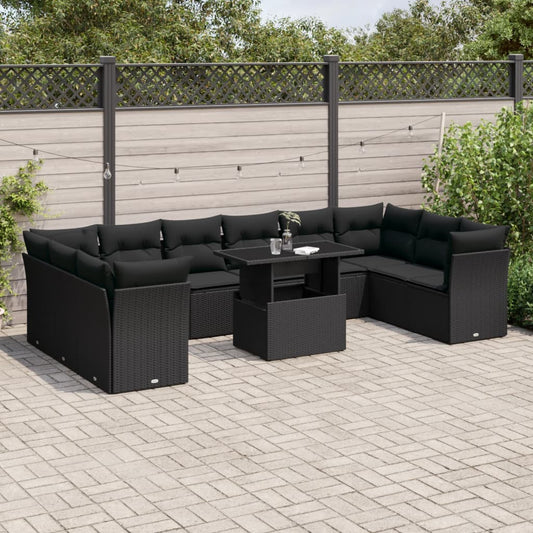 11-tlg. Garten-Sofagarnitur mit Kissen Schwarz Poly Rattan