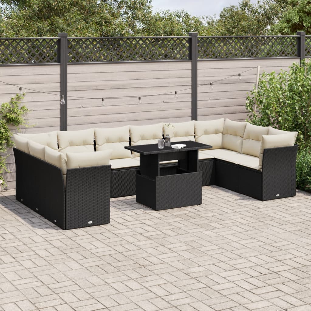 11-tlg. Garten-Sofagarnitur mit Kissen Schwarz Poly Rattan