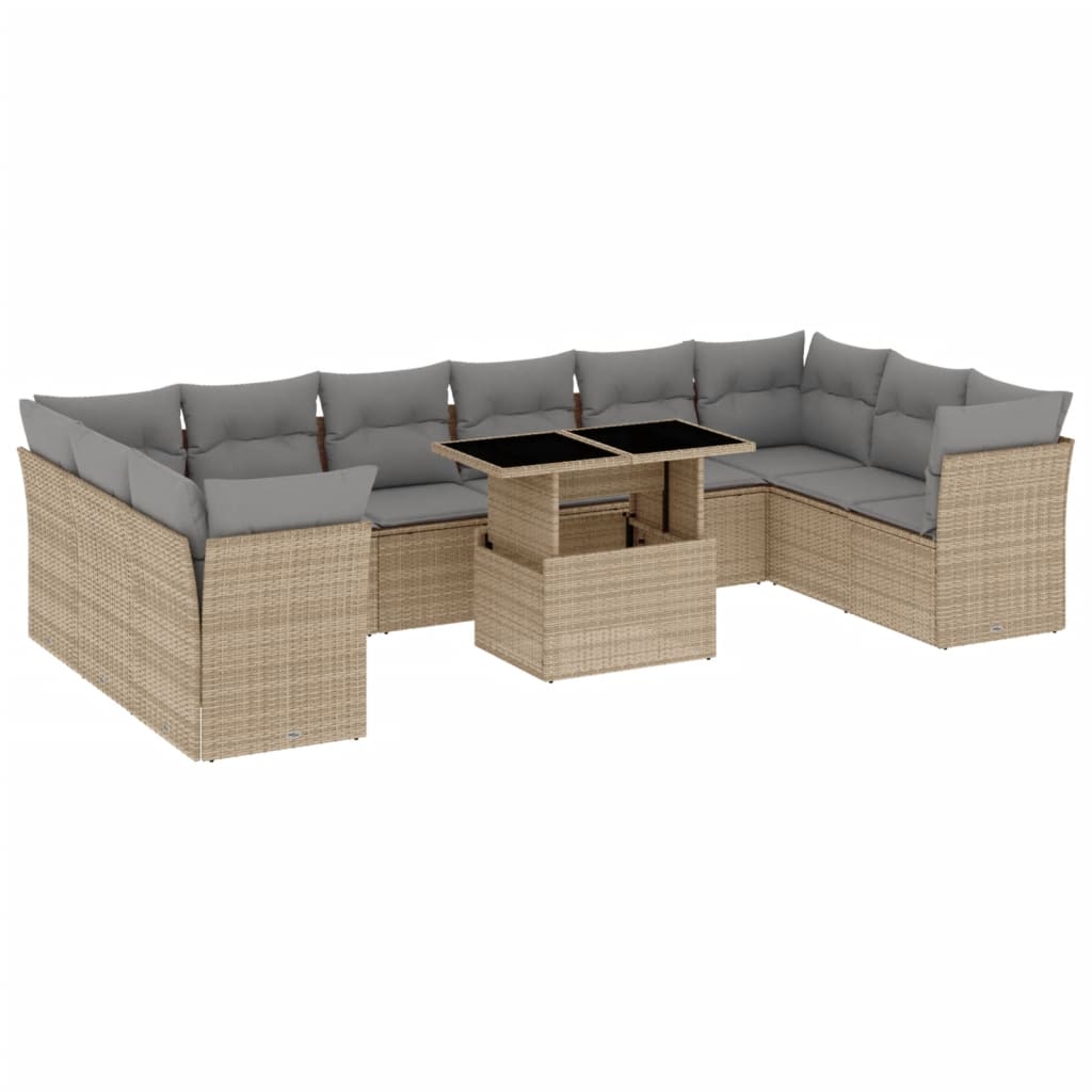 11-tlg. Garten-Sofagarnitur mit Kissen Beige Poly Rattan