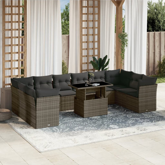 11-tlg. Garten-Sofagarnitur mit Kissen Grau Poly Rattan