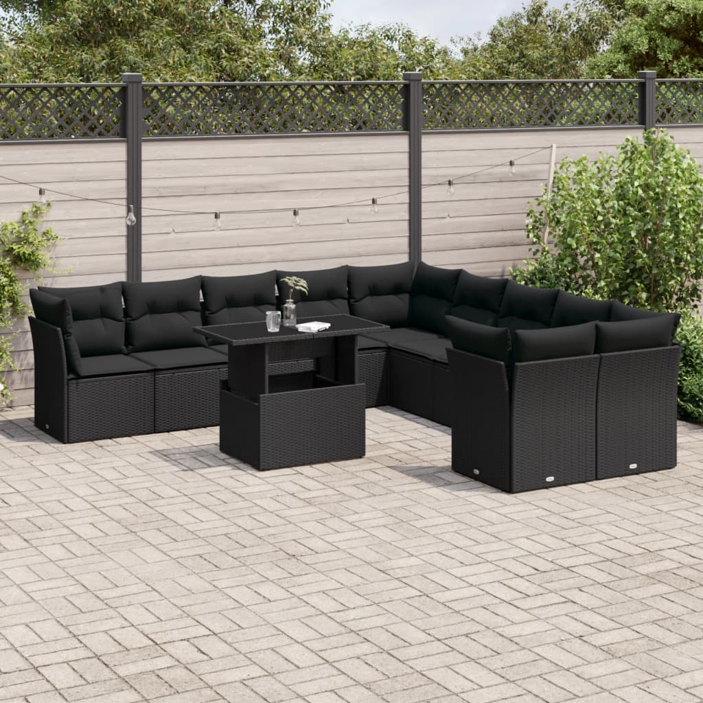 11-tlg. Garten-Sofagarnitur mit Kissen Schwarz Poly Rattan