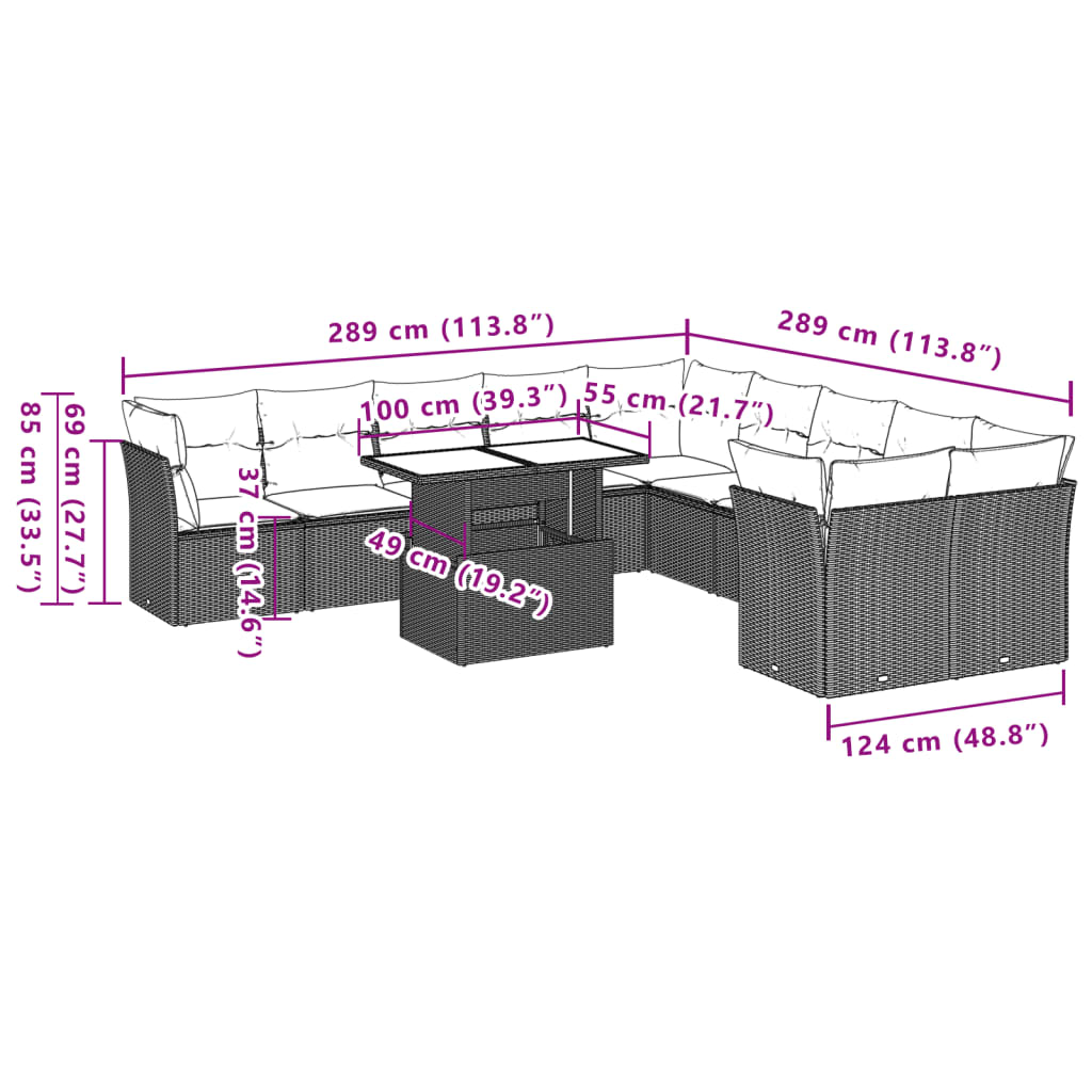 11-tlg. Garten-Sofagarnitur mit Kissen Schwarz Poly Rattan