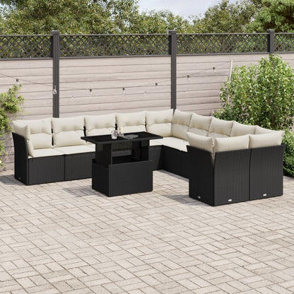 11-tlg. Garten-Sofagarnitur mit Kissen Schwarz Poly Rattan