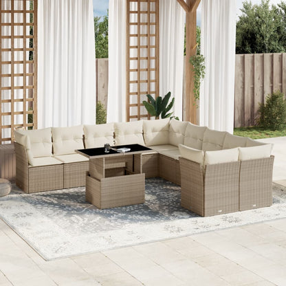 11-tlg. Garten-Sofagarnitur mit Kissen Beige Poly Rattan