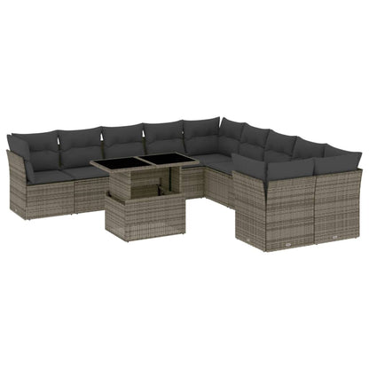 11-tlg. Garten-Sofagarnitur mit Kissen Grau Poly Rattan