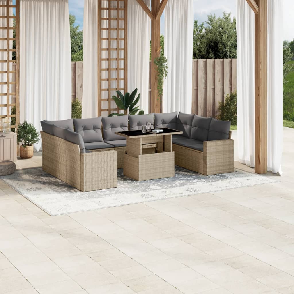 10-tlg. Garten-Sofagarnitur mit Kissen Beige Poly Rattan