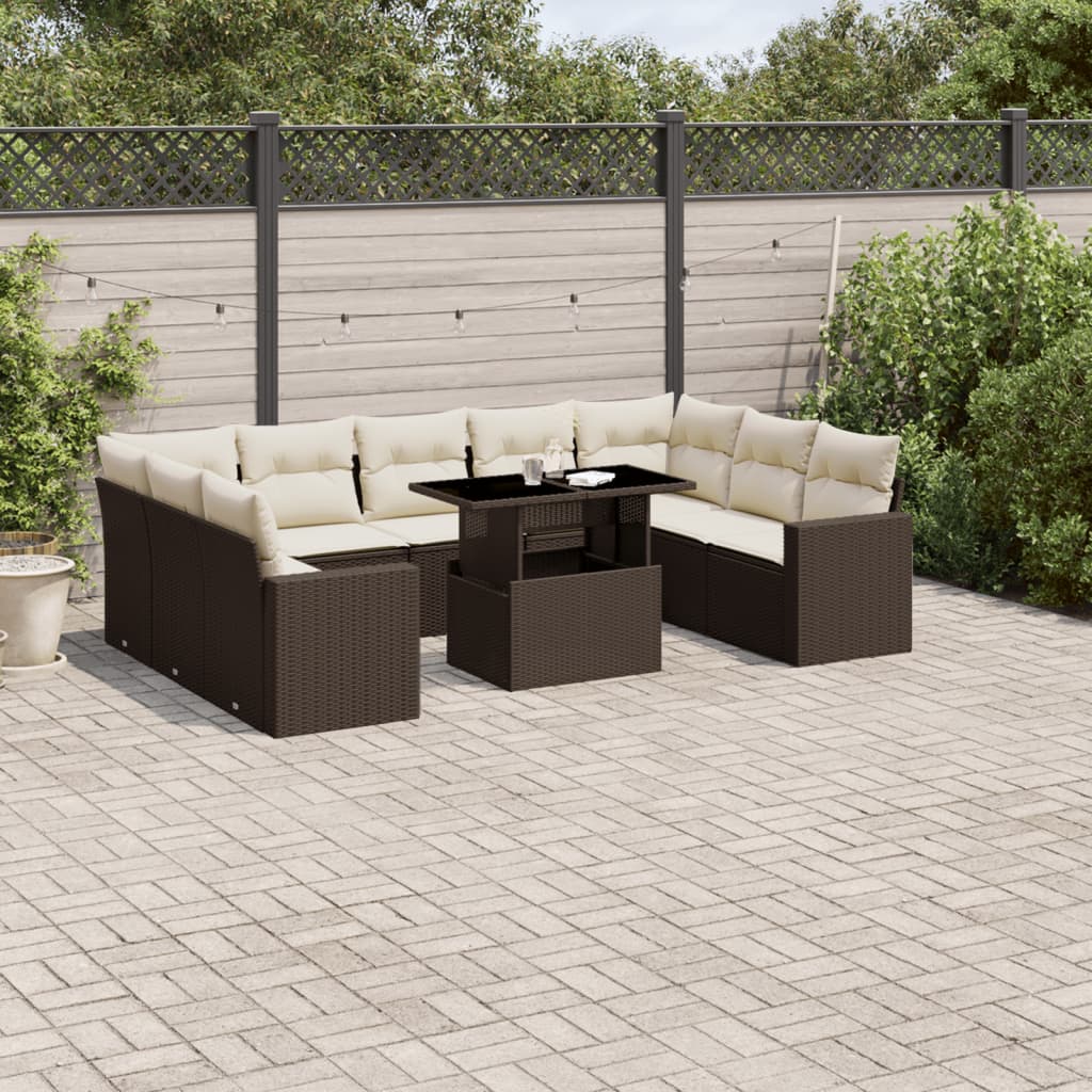 10-tlg. Garten-Sofagarnitur mit Kissen Braun Poly Rattan