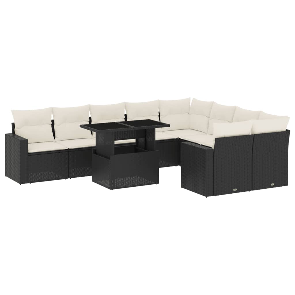 10-tlg. Garten-Sofagarnitur mit Kissen Schwarz Poly Rattan