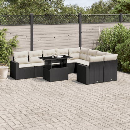 10-tlg. Garten-Sofagarnitur mit Kissen Schwarz Poly Rattan