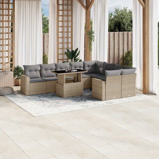 10-tlg. Garten-Sofagarnitur mit Kissen Beige Poly Rattan